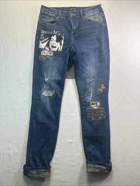 Charlies Dark Blue Boyfriend Jeans with Embroidered Butterfly & Patchwork